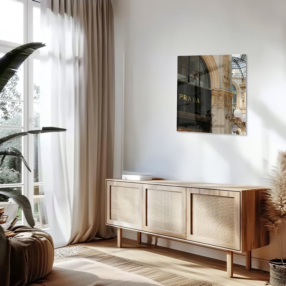 Elegantes Glasbild mit Luxus-Boutique – Glasbild aus Sicherheitsglas, Größe 120x60