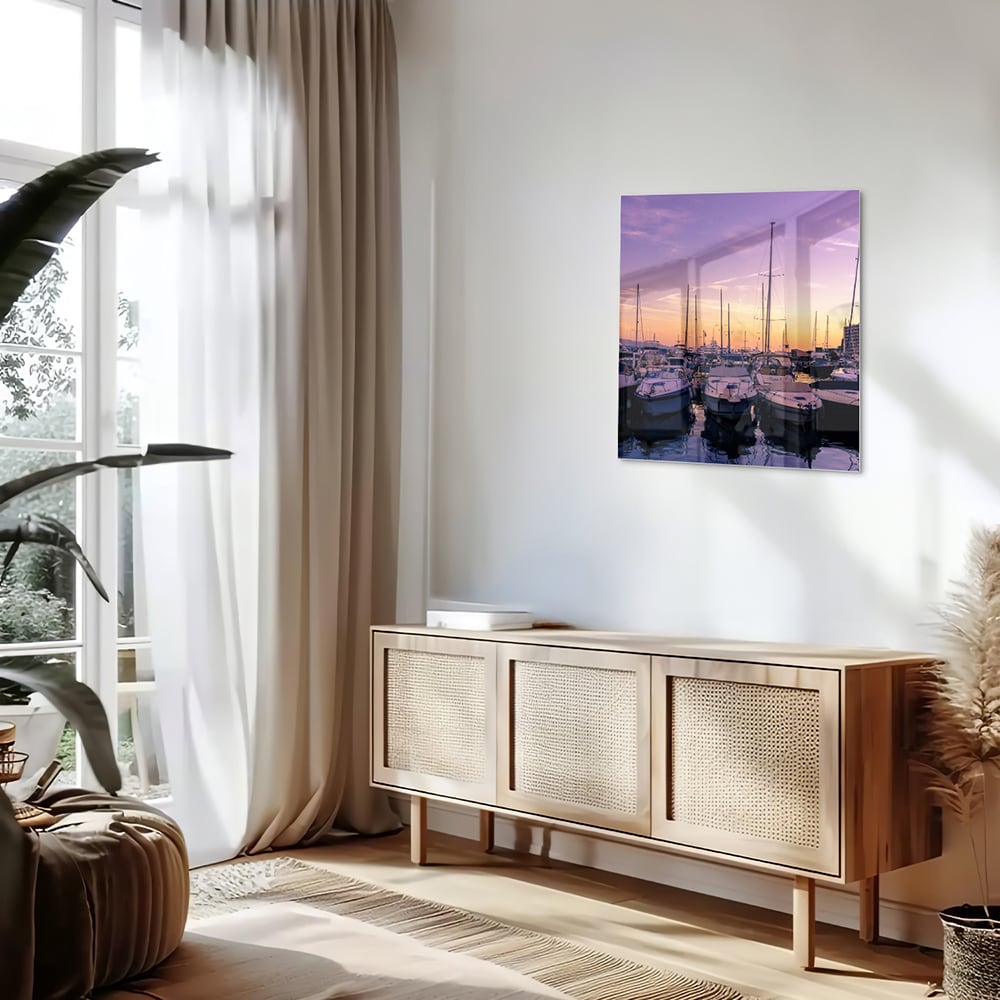 Glasbild mit Sonnenuntergang am Hafen – Glasbild aus Sicherheitsglas, Größe 120x60