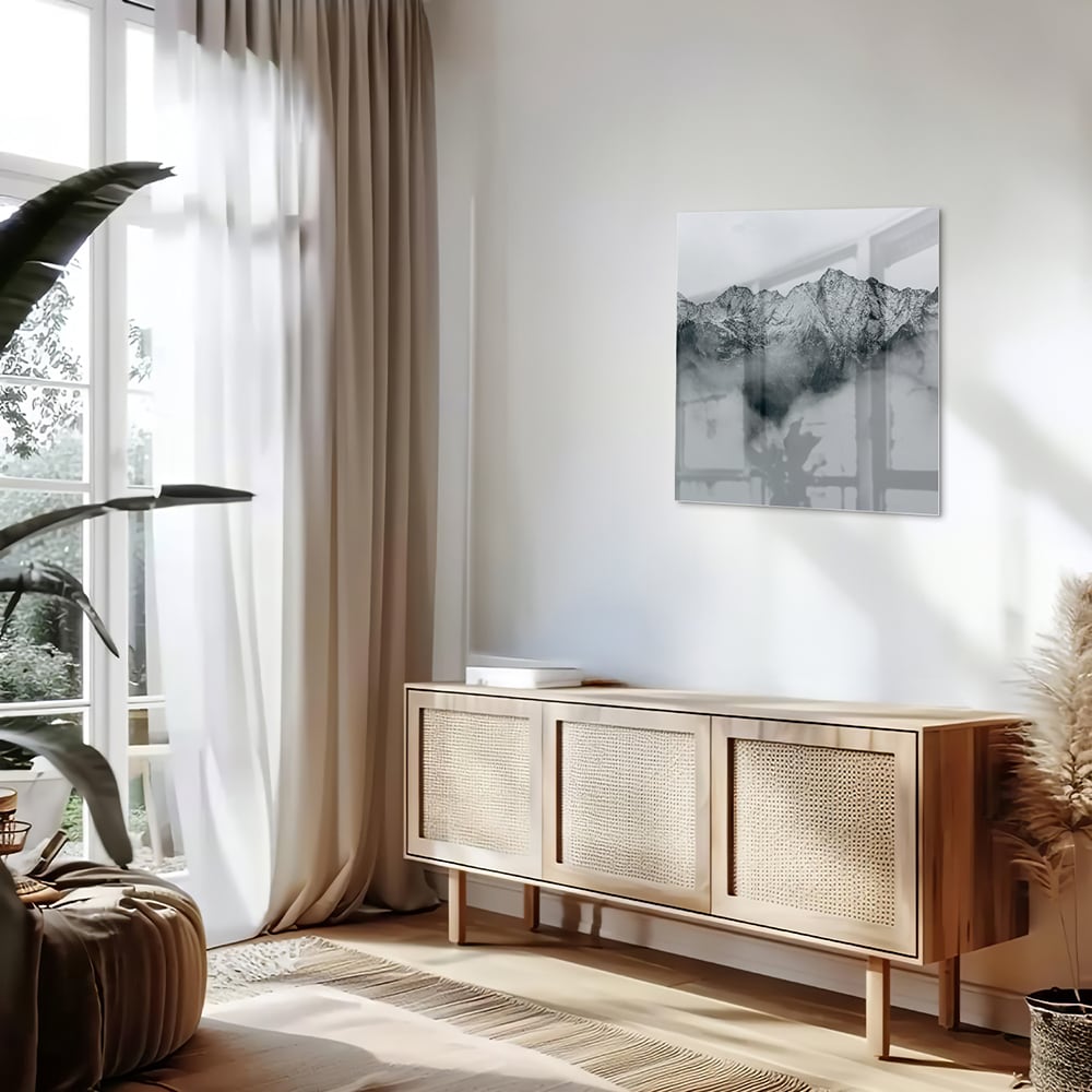 Elegantes Glasbild mit Bergen in Schwarz-Weiß – Glasbild aus Sicherheitsglas, Größe 120x60