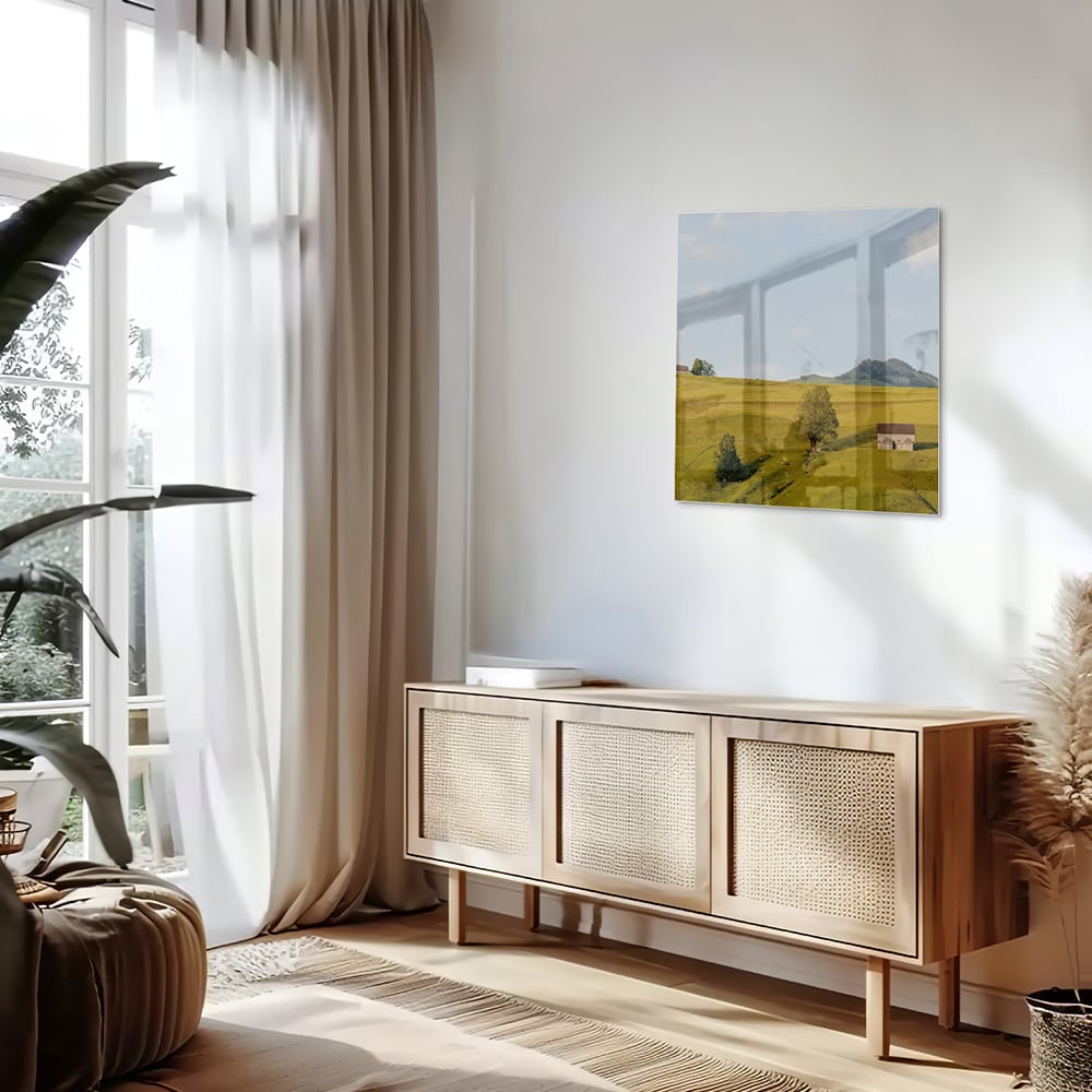 Glasbild mit grünen Hügeln in der Landschaft – Glasbild aus Sicherheitsglas, Größe 120x60