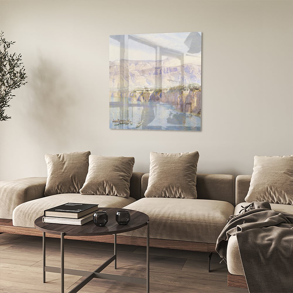 Träumerisches Glasbild mit Berglandschaft – Glasbild aus Sicherheitsglas, Größe 90x90_rond