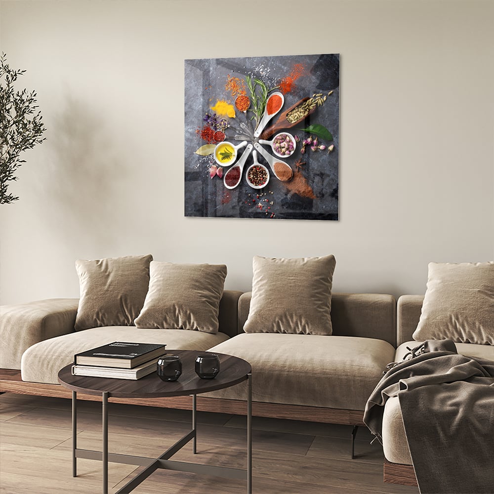 Glasbild mit farbenfrohen Gewürzen – Glasbild aus Sicherheitsglas, Größe 90x90_rond