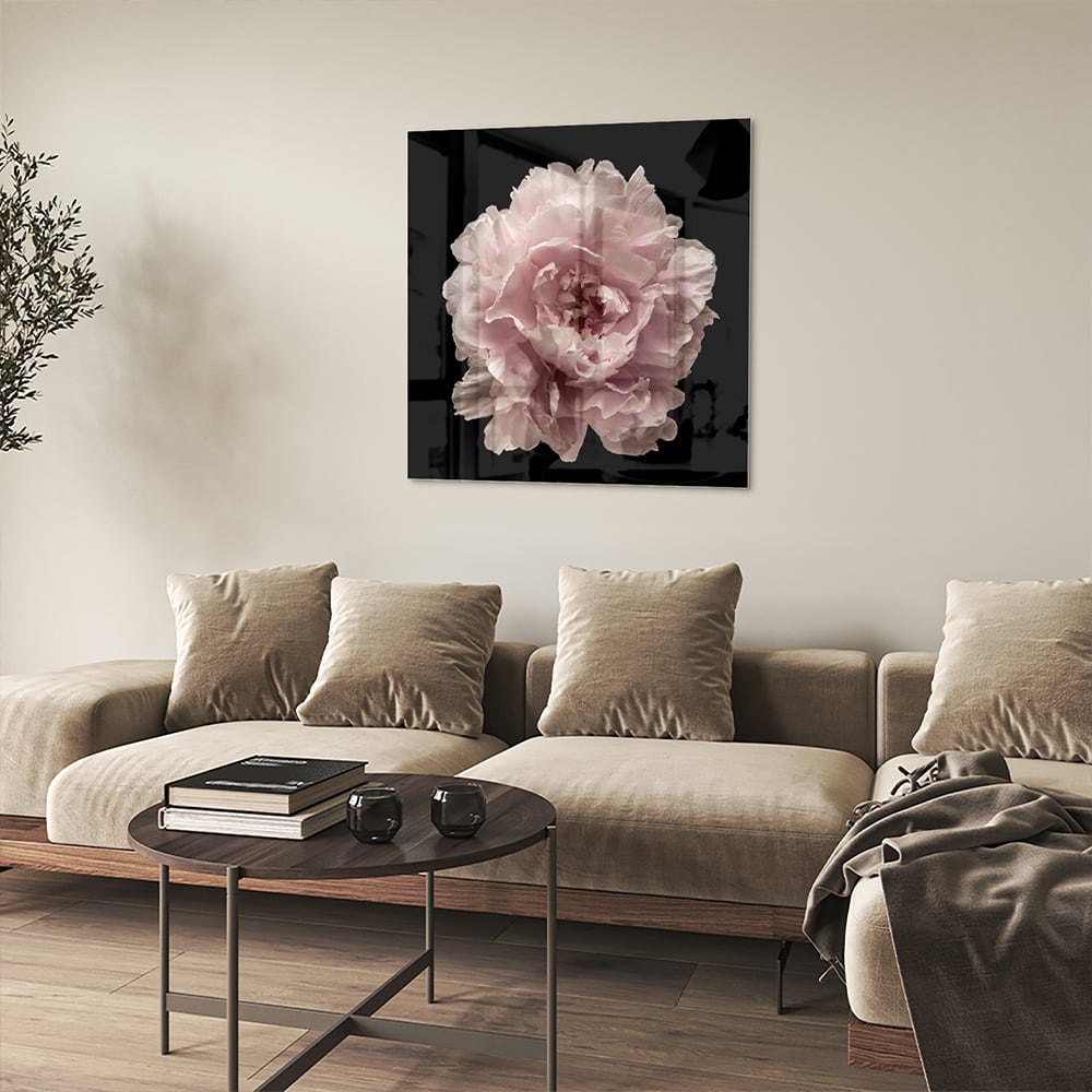 Elegantes Glasbild mit Rosenblüte auf schwarzem Hintergrund – perfekt für Ihr Interieur – Glasbild aus Sicherheitsglas, Größe 90x90_rond