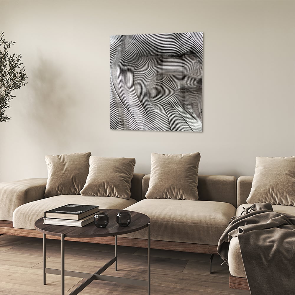 Abstraktes Glasbild mit wellenförmigen Linien – Glasbild aus Sicherheitsglas, Größe 90x90_rond