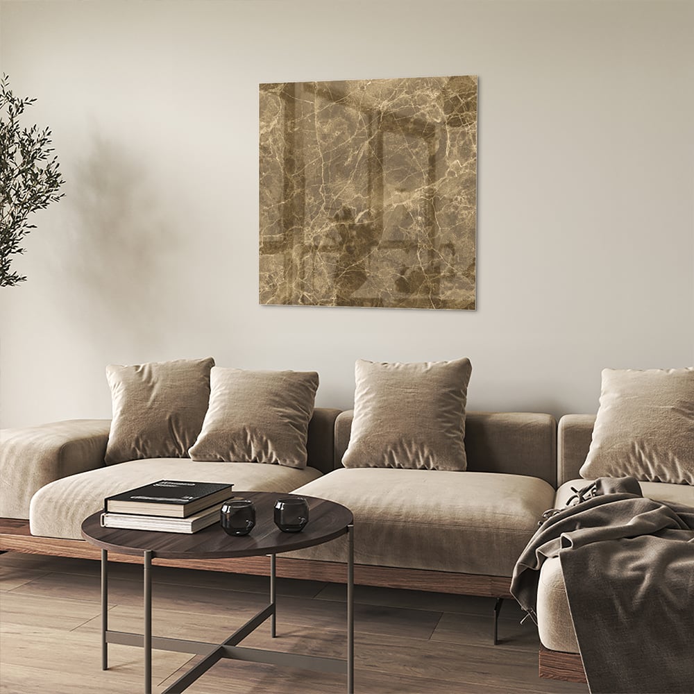 Goldfarbenes Glasbild mit Marmoreffekt – Glasbild aus Sicherheitsglas, Größe 90x90_rond
