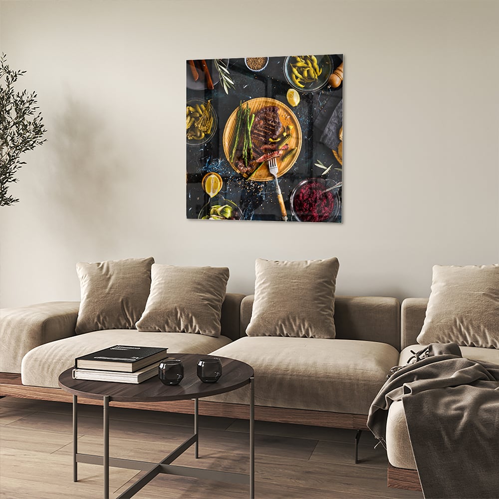 Kulinarisches Glasbild mit verführerischen Speisen – Glasbild aus Sicherheitsglas, Größe 90x90_rond