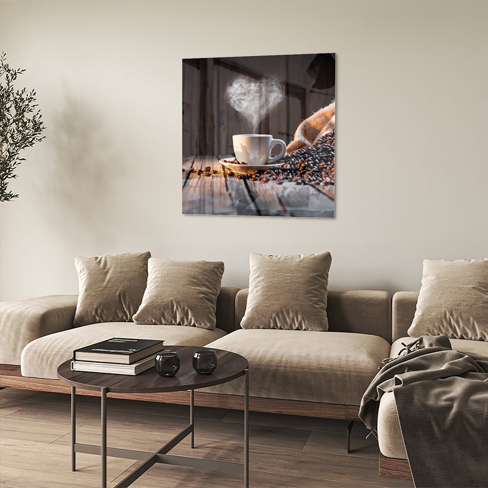 Stilvolles Glasbild mit Kaffee und Kaffeebohnen – Glasbild aus Sicherheitsglas, Größe 90x90_rond