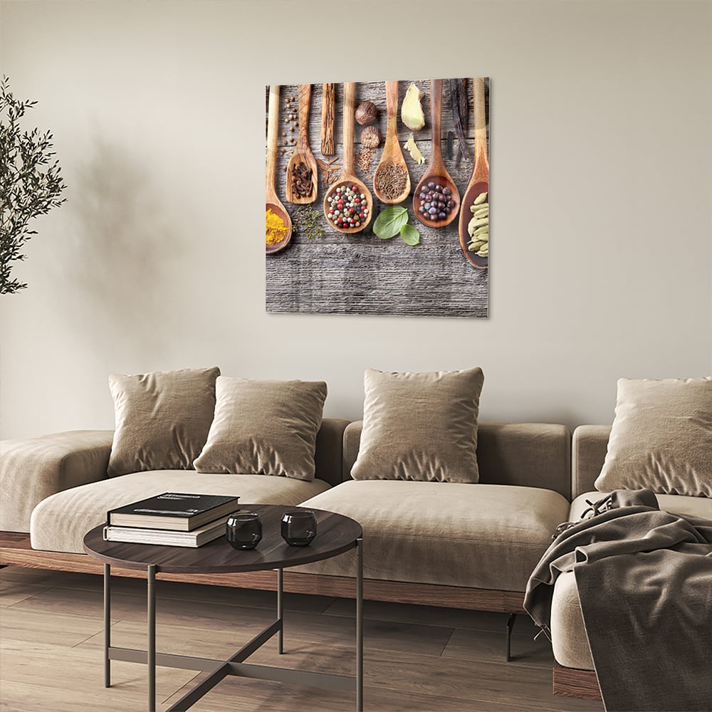 Glasbild mit natürlichen Rezepten im Löffel-Design – Glasbild aus Sicherheitsglas, Größe 90x90_rond