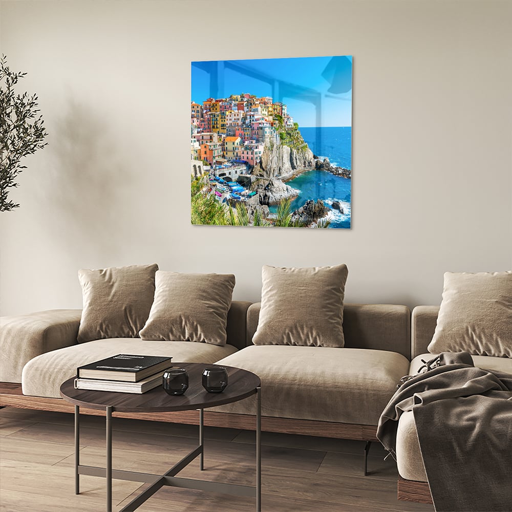 Glasbild mit farbenfroher Küstenlinie – Glasbild aus Sicherheitsglas, Größe 90x90_rond