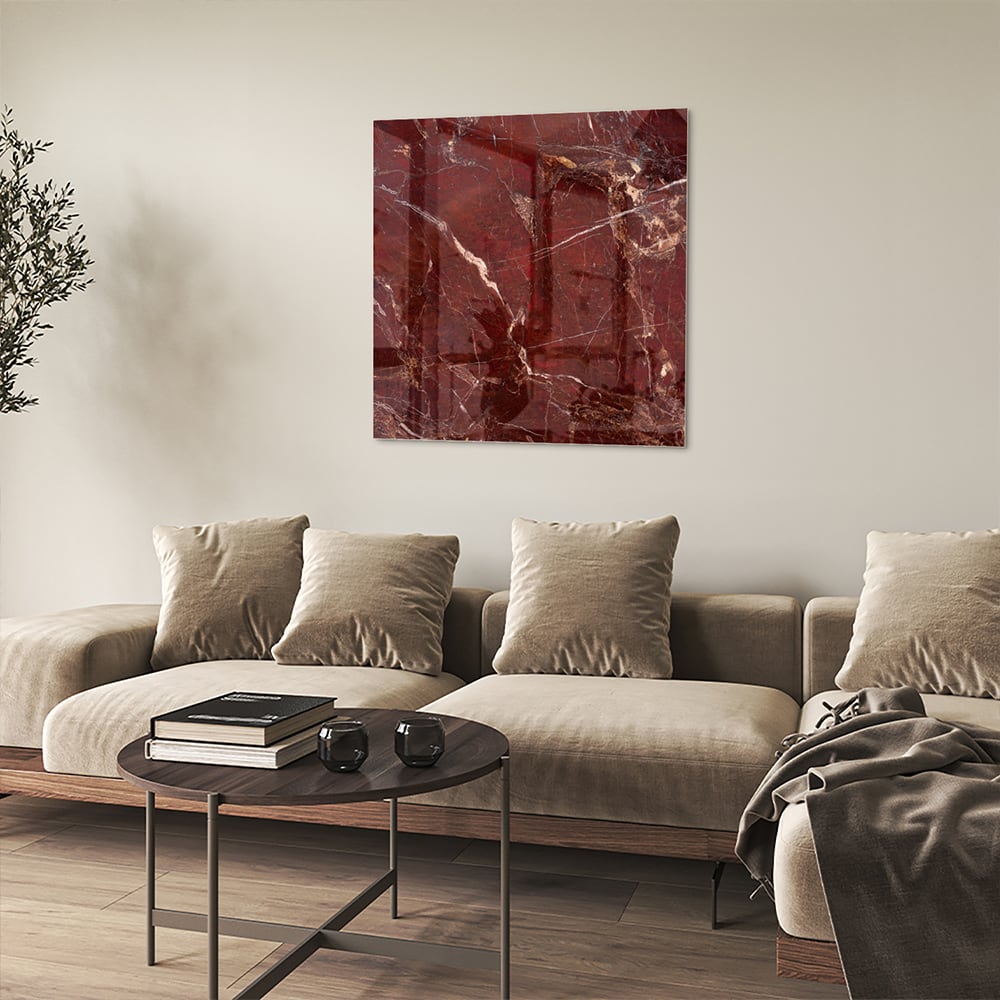 Rotes Glasbild mit Marmoroptik – Glasbild aus Sicherheitsglas, Größe 90x90_rond
