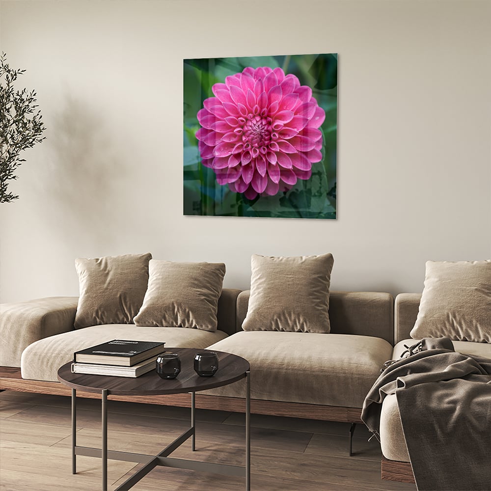 Wunderschönes Glasbild mit rosa Blume – Glasbild aus Sicherheitsglas, Größe 90x90_rond