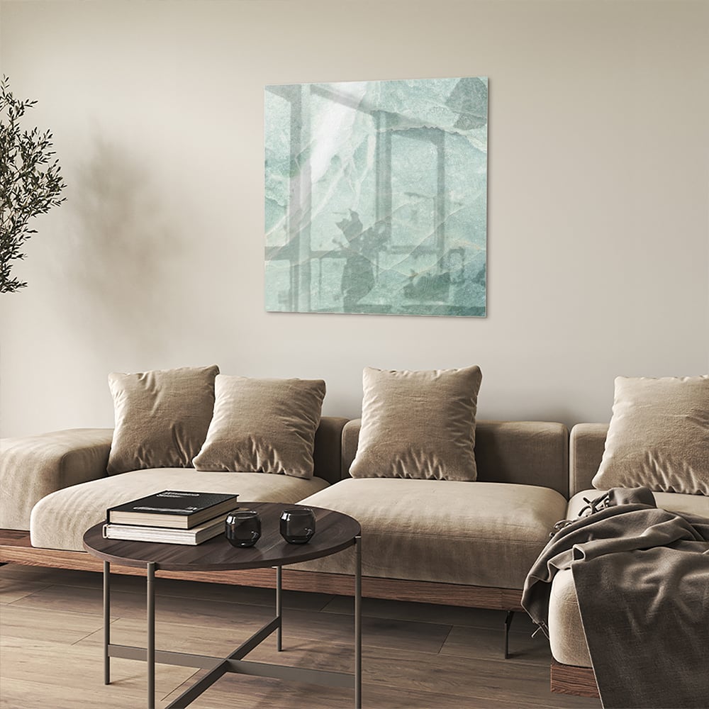 Abstraktes grünes Glasbild für moderne Innenräume – Glasbild aus Sicherheitsglas, Größe 90x90_rond