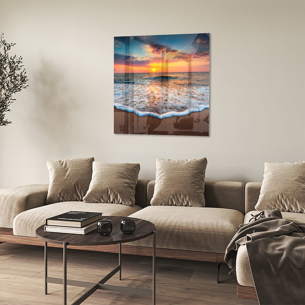 Glasbild – Sonnenuntergang am Strand – Glasbild aus Sicherheitsglas, Größe 90x90_rond