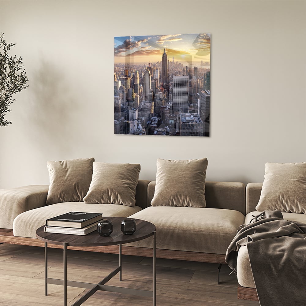 Glasbild mit atemberaubender Aussicht auf New York bei Sonnenuntergang – Glasbild aus Sicherheitsglas, Größe 90x90_rond
