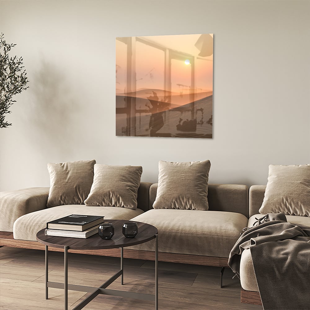 Glasbild mit Sonnenuntergang in warmen Farbtönen – Glasbild aus Sicherheitsglas, Größe 90x90_rond