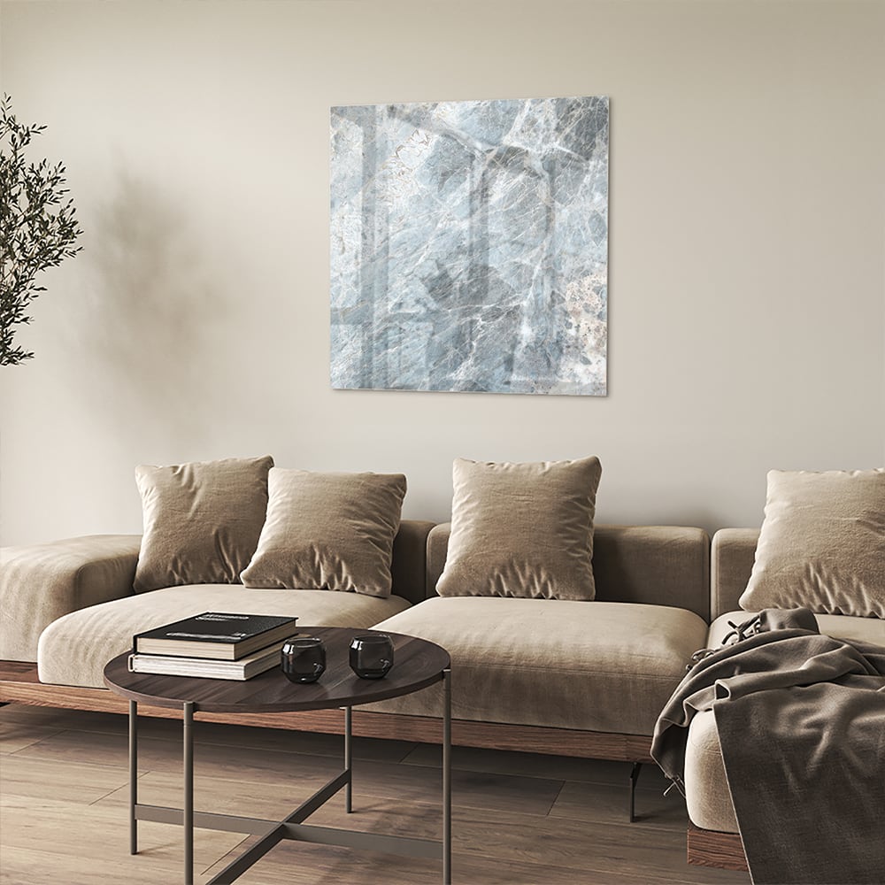 Glasbild mit Marmoroptik in Blau und Grau – Glasbild aus Sicherheitsglas, Größe 90x90_rond
