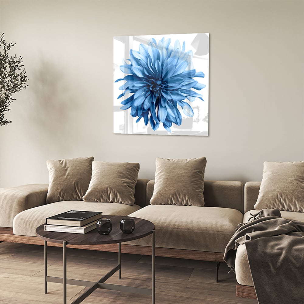 Blaues Glasbild mit einer Blume – Glasbild aus Sicherheitsglas, Größe 90x90_rond