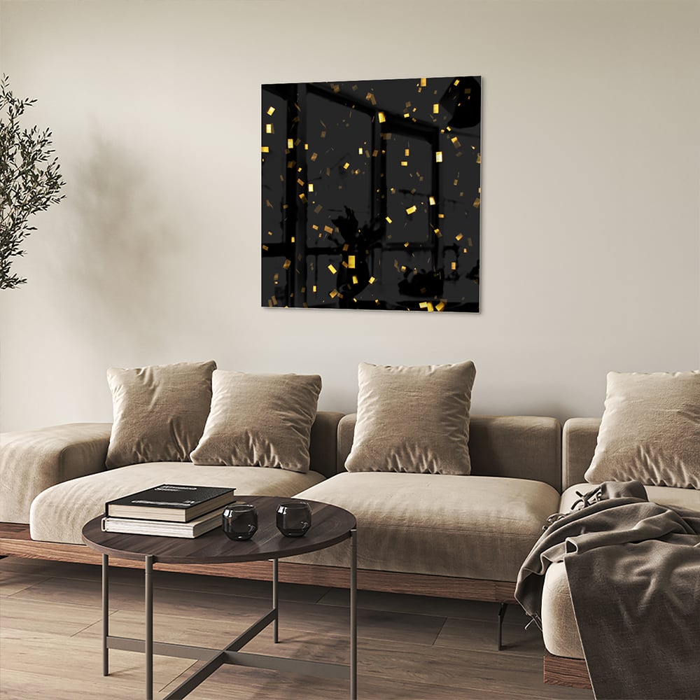 Schwarzes Glasbild mit goldenem Konfetti – Glasbild aus Sicherheitsglas, Größe 90x90_rond