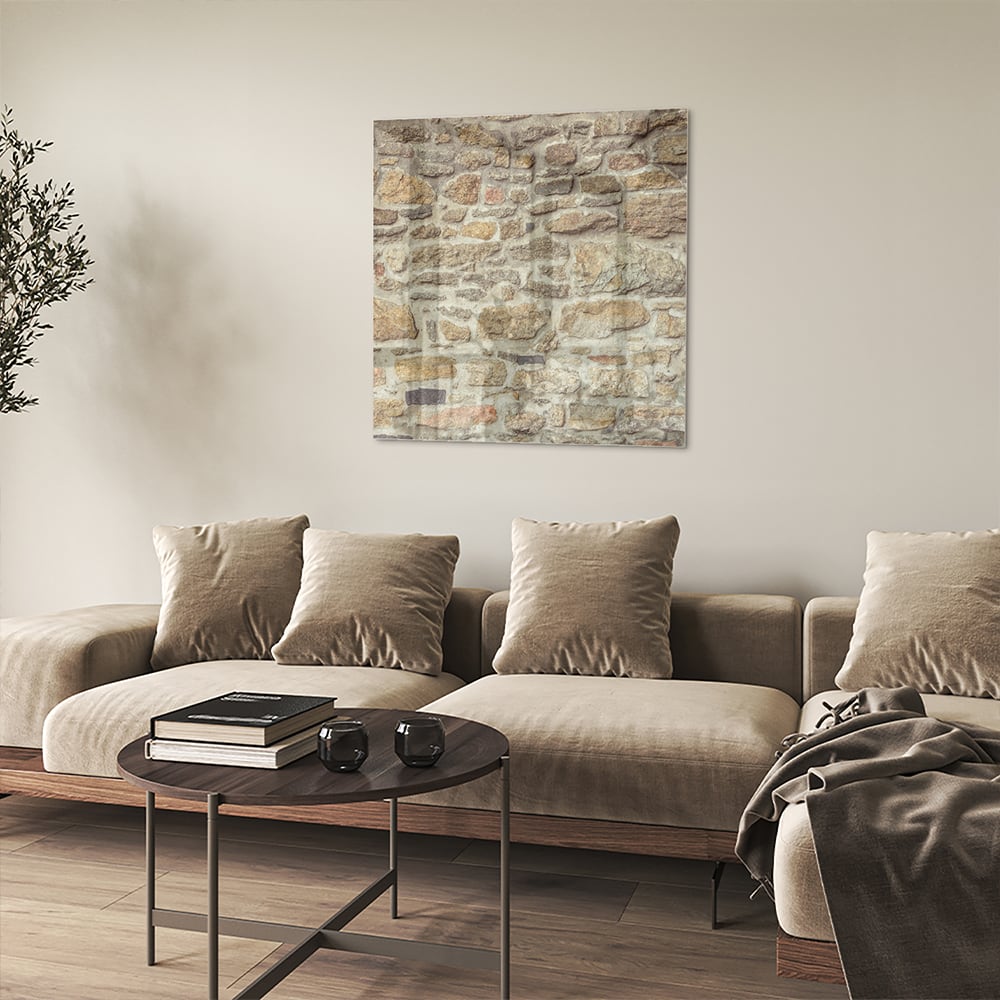 Glasbild mit rustikaler Steinwand – Glasbild aus Sicherheitsglas, Größe 90x90_rond