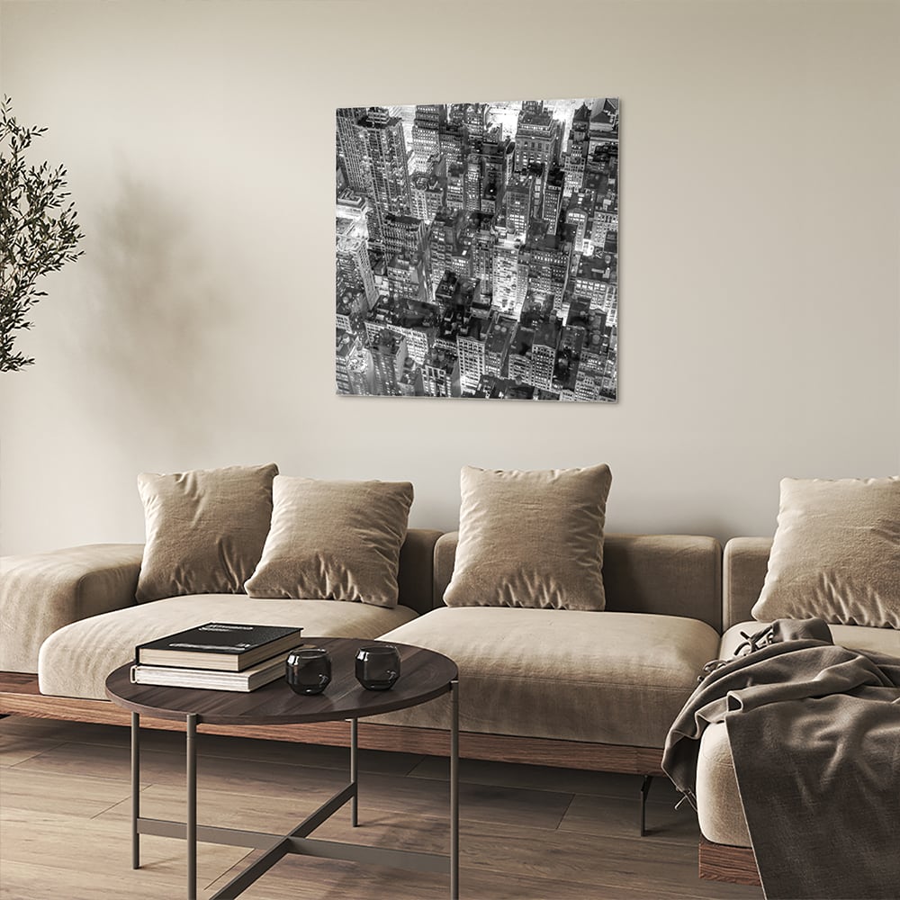 Schwarz-Weiß-Glasbild mit Stadtmotiv für ein modernes Interieur – Glasbild aus Sicherheitsglas, Größe 90x90_rond