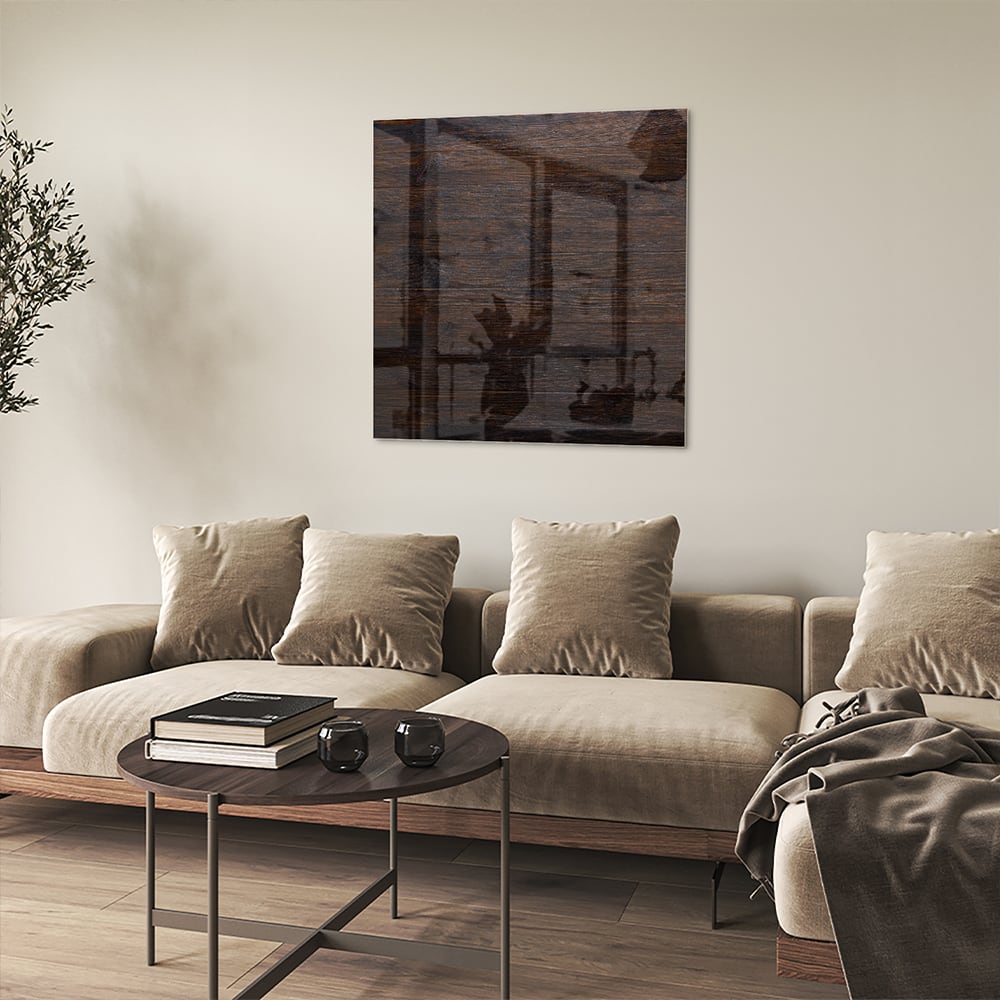 Modernes Glasbild mit warmen Holztönen – Glasbild aus Sicherheitsglas, Größe 90x90_rond