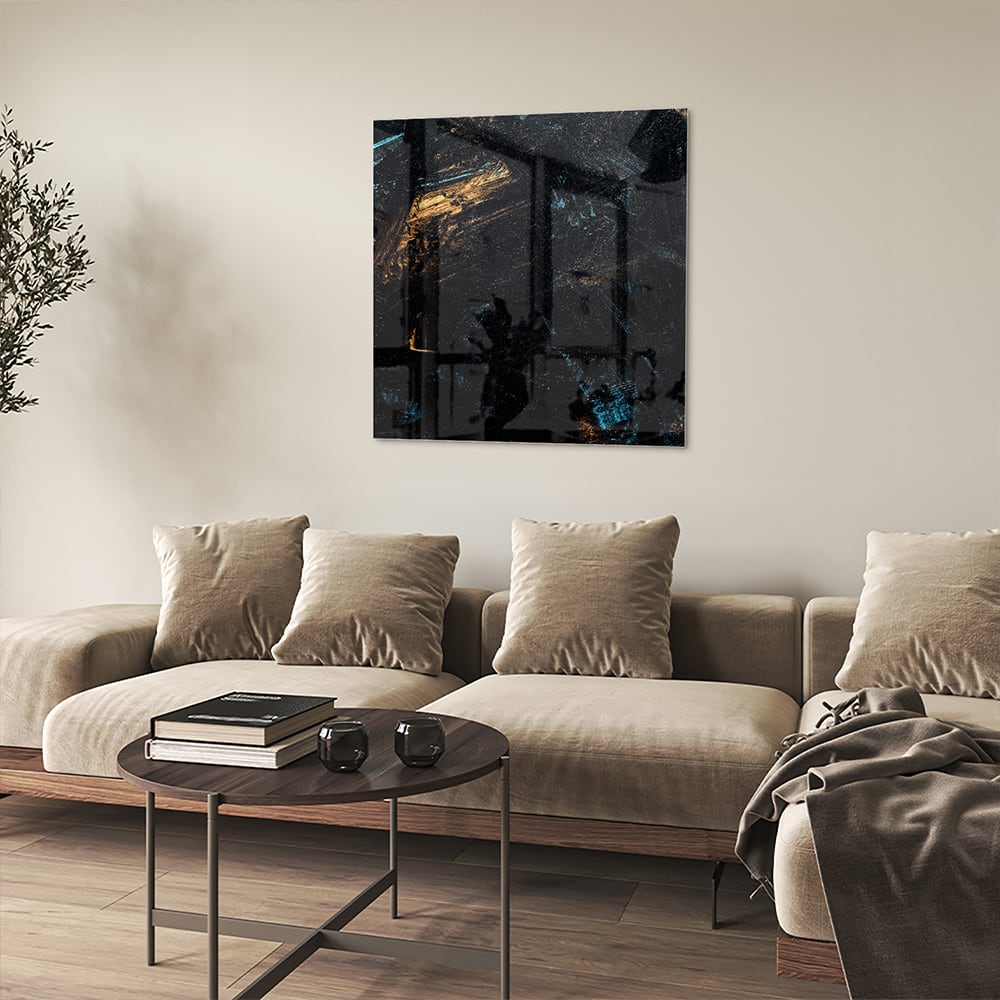 Abstraktes Glasbild mit goldenen und schwarzen Akzenten – Glasbild aus Sicherheitsglas, Größe 90x90_rond