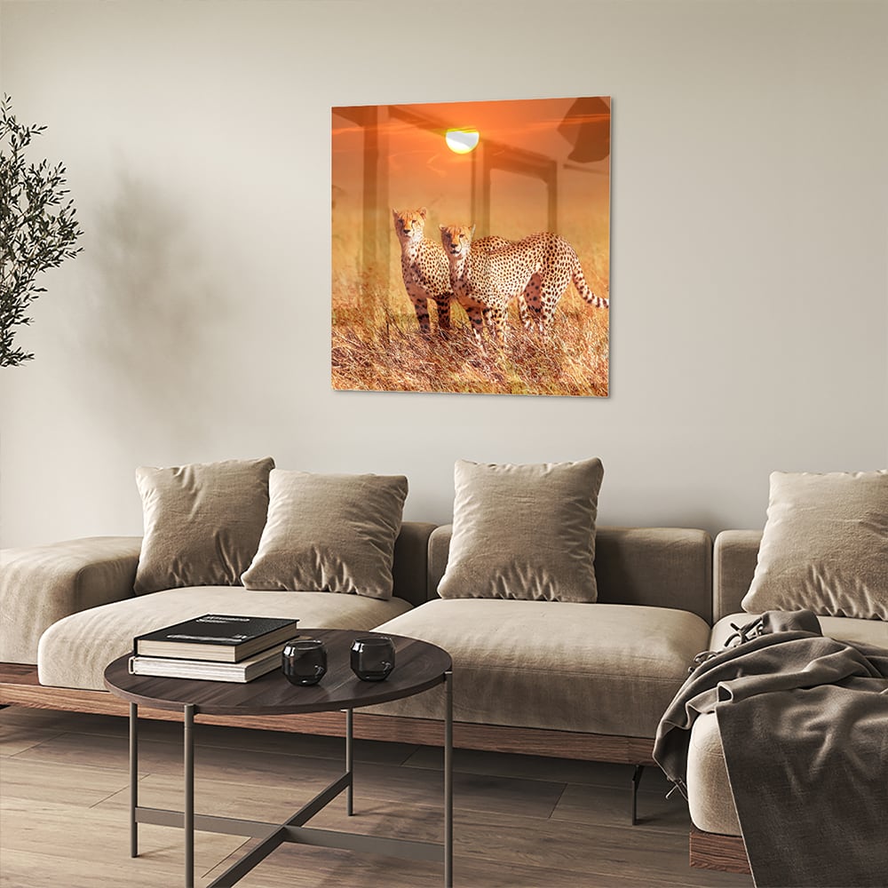 Elegantes Glasbild mit Geparden in der Natur – Glasbild aus Sicherheitsglas, Größe 90x90_rond