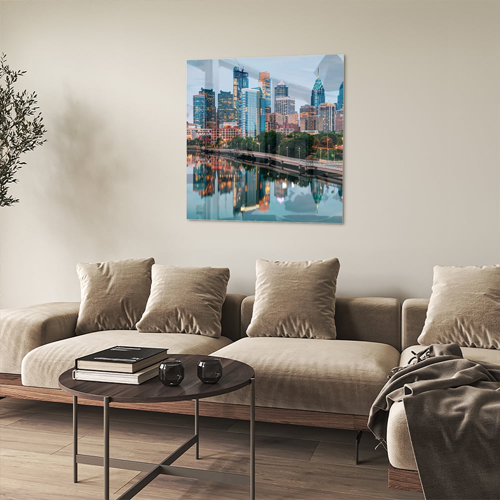 Modernes Glasbild mit Stadtansicht – Glasbild aus Sicherheitsglas, Größe 90x90_rond