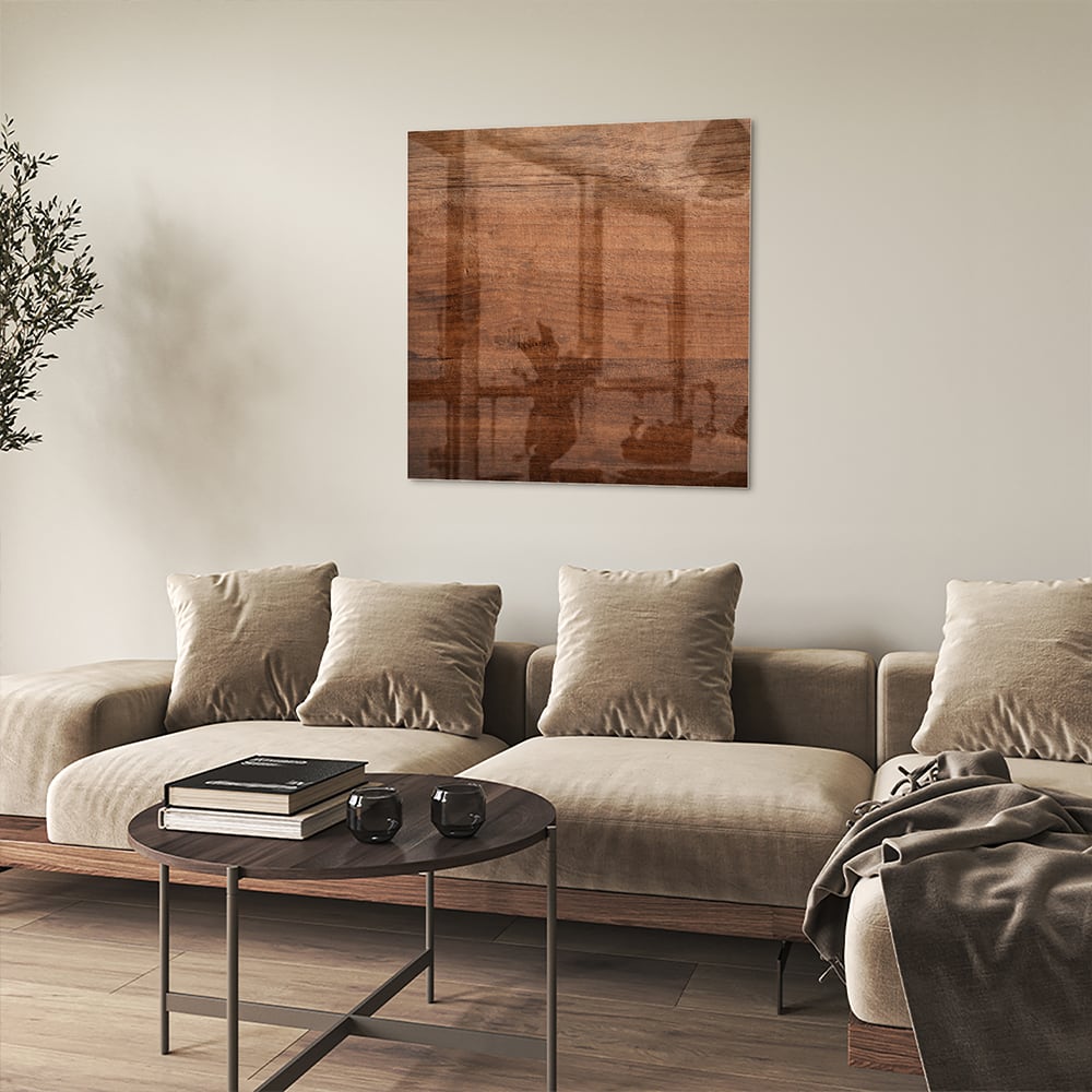 Elegantes Glasbild in warmem Holzton – Glasbild aus Sicherheitsglas, Größe 90x90_rond