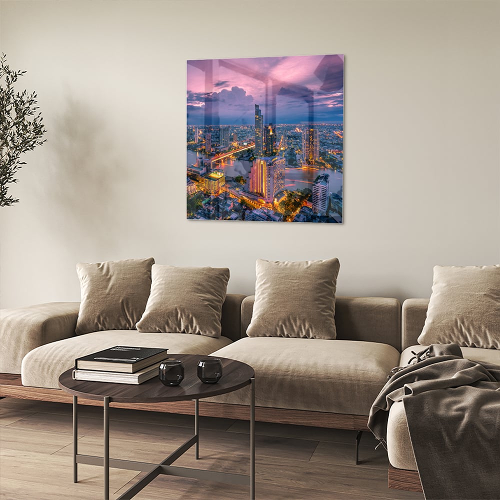 Glasbild mit Stadtblick im Abendlicht – Glasbild aus Sicherheitsglas, Größe 90x90_rond
