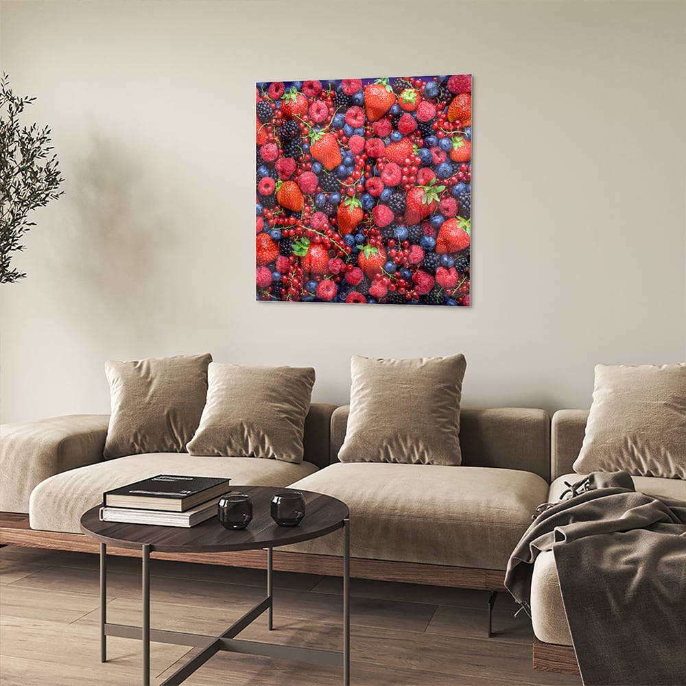 Farbenfrohes Glasbild mit Beeren und Früchten – Glasbild aus Sicherheitsglas, Größe 90x90_rond