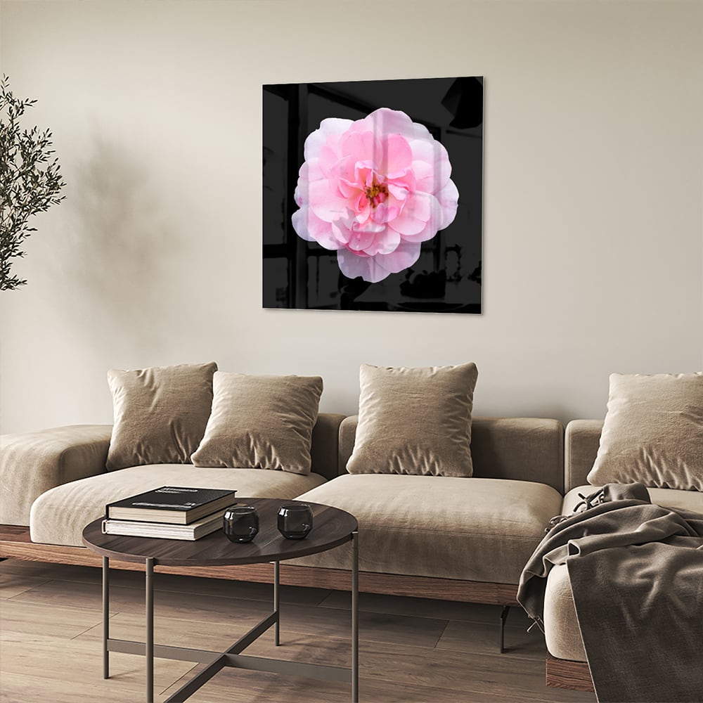 Elegantes Glasbild mit rosa Blume auf schwarzem Hintergrund – Glasbild aus Sicherheitsglas, Größe 90x90_rond