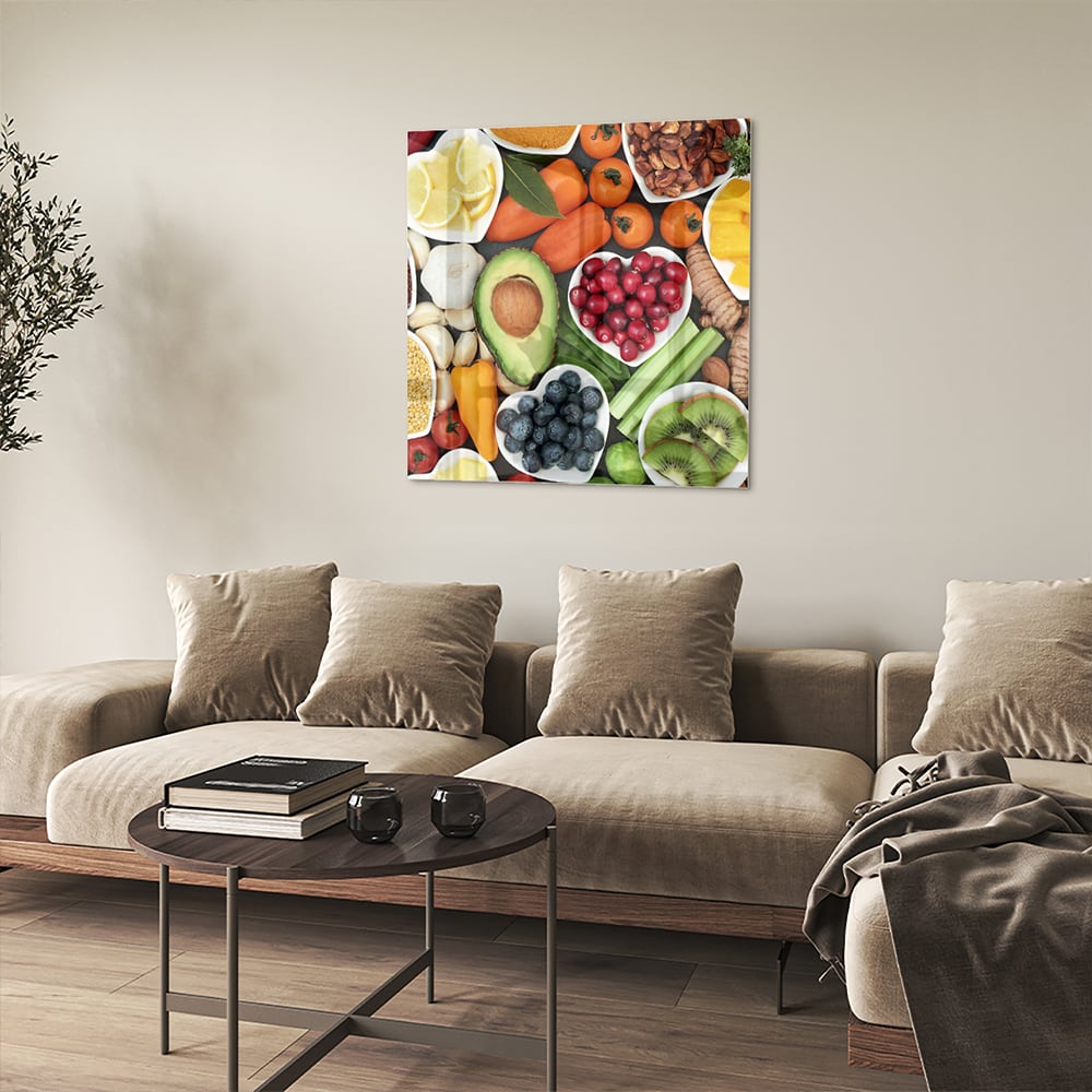 Fröhliches Glasbild mit Früchten für die Küche – Glasbild aus Sicherheitsglas, Größe 90x90_rond