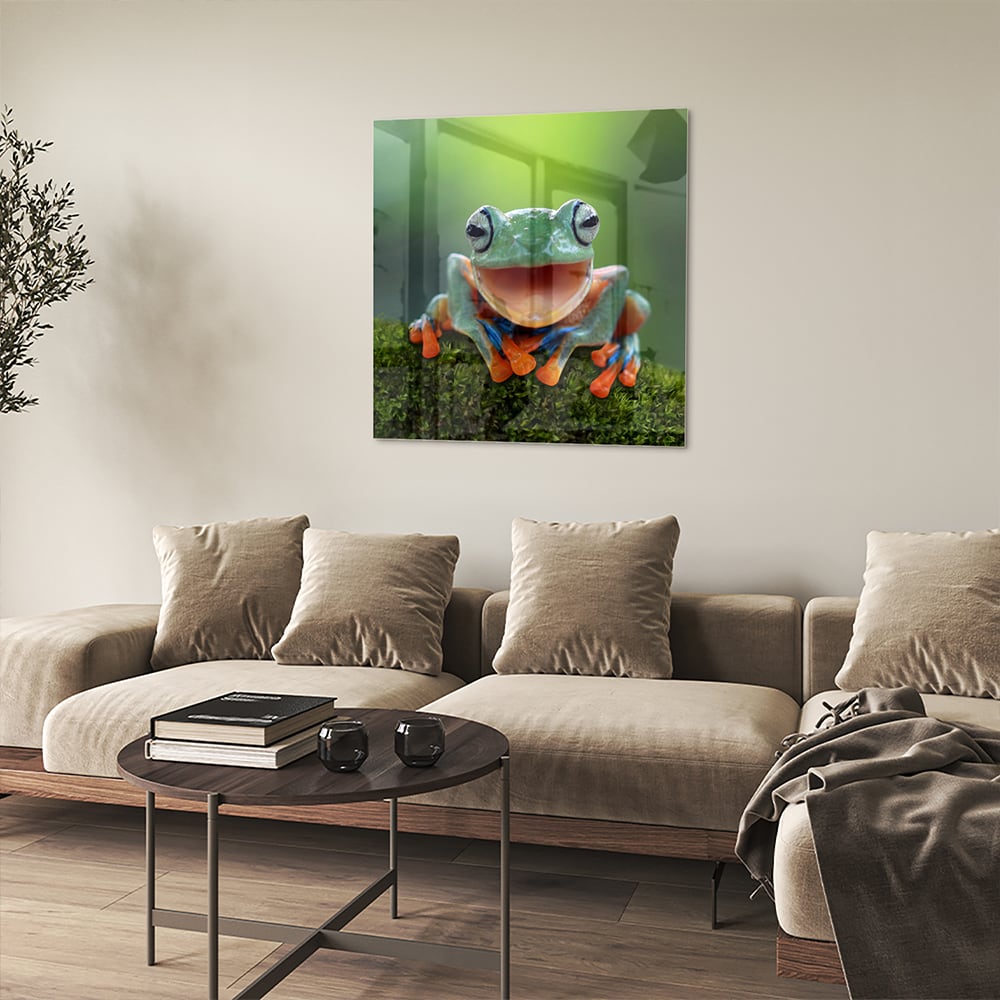 Fröhliches Glasbild mit Laubfrosch – Glasbild aus Sicherheitsglas, Größe 90x90_rond