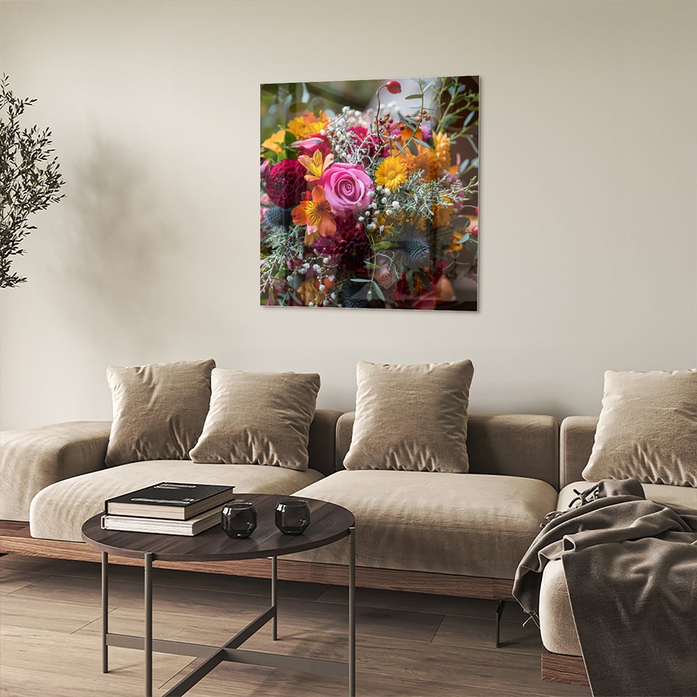 Farbenfrohes Glasbild mit einem Blumenstrauß – Glasbild aus Sicherheitsglas, Größe 90x90_rond