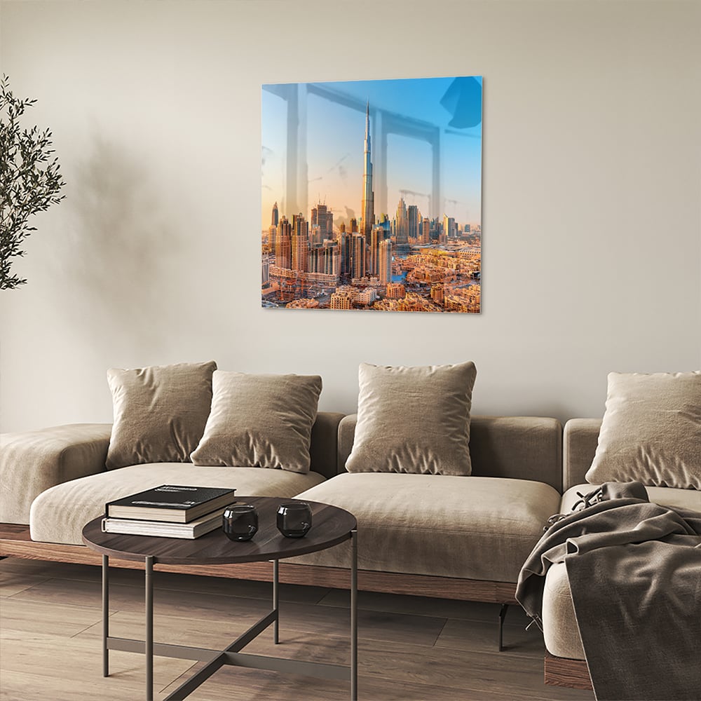 Modernes Glasbild mit Skyline Dubai – Glasbild aus Sicherheitsglas, Größe 90x90_rond