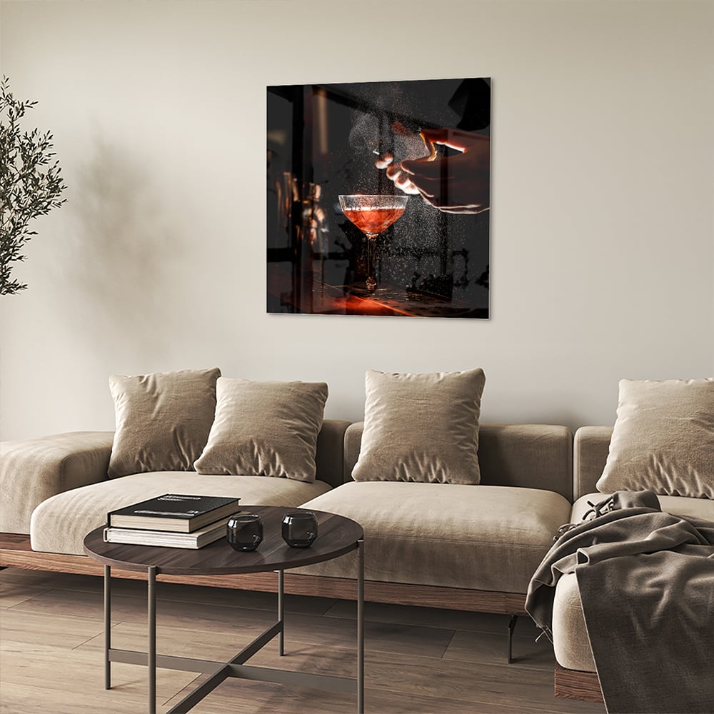 Elegantes Glasbild mit Cocktails in stimmungsvoller Szenerie – Glasbild aus Sicherheitsglas, Größe 90x90_rond