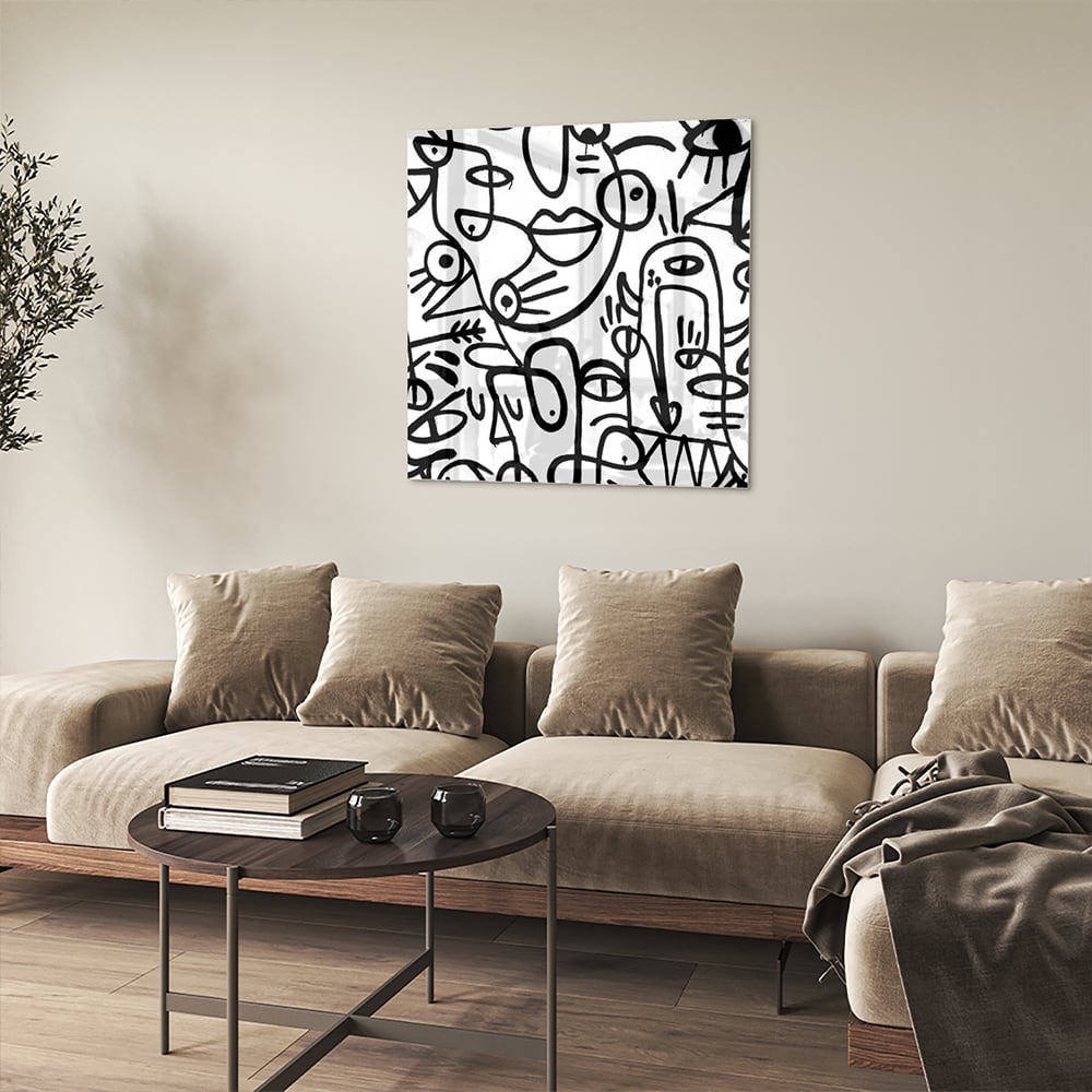 Abstraktes Schwarz-Weiß-Glasbild mit Formen – Glasbild aus Sicherheitsglas, Größe 90x90_rond