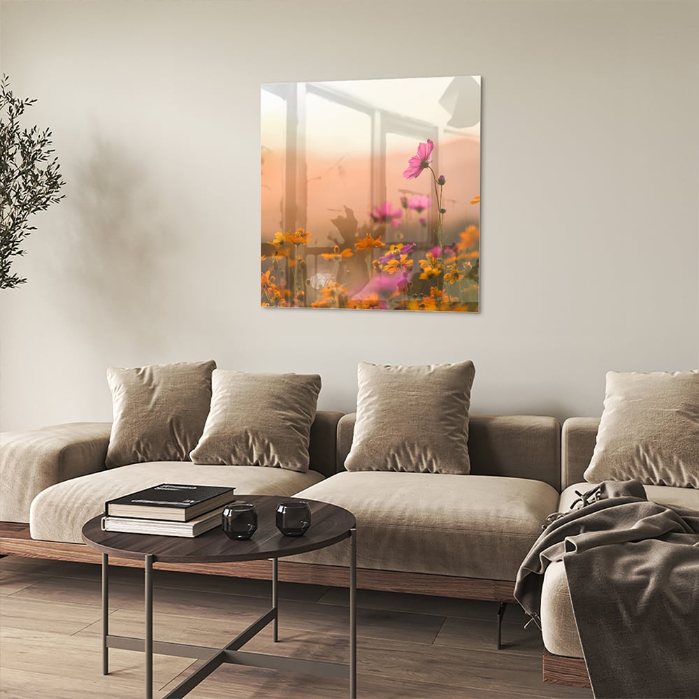 Wunderschönes Glasbild mit Blumen in Pastellfarben – Glasbild aus Sicherheitsglas, Größe 90x90_rond