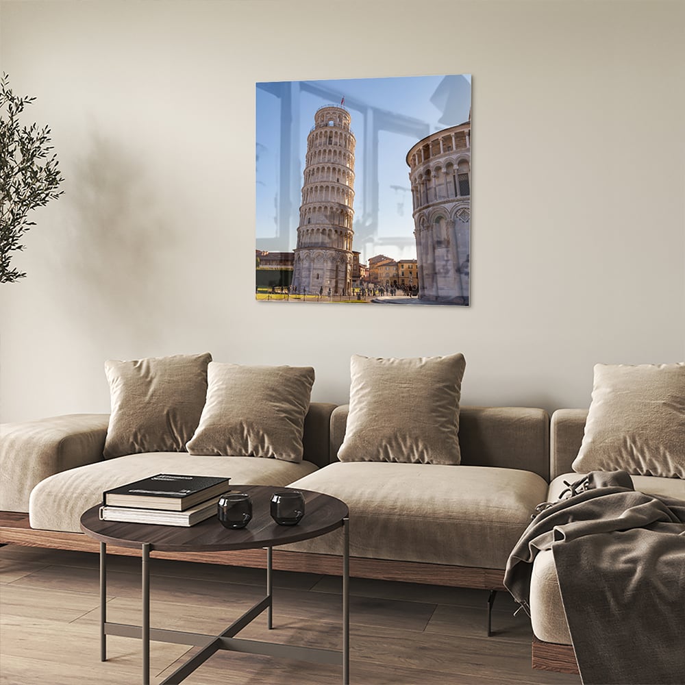 Glasbild mit dem Schiefen Turm von Pisa – Glasbild aus Sicherheitsglas, Größe 90x90_rond