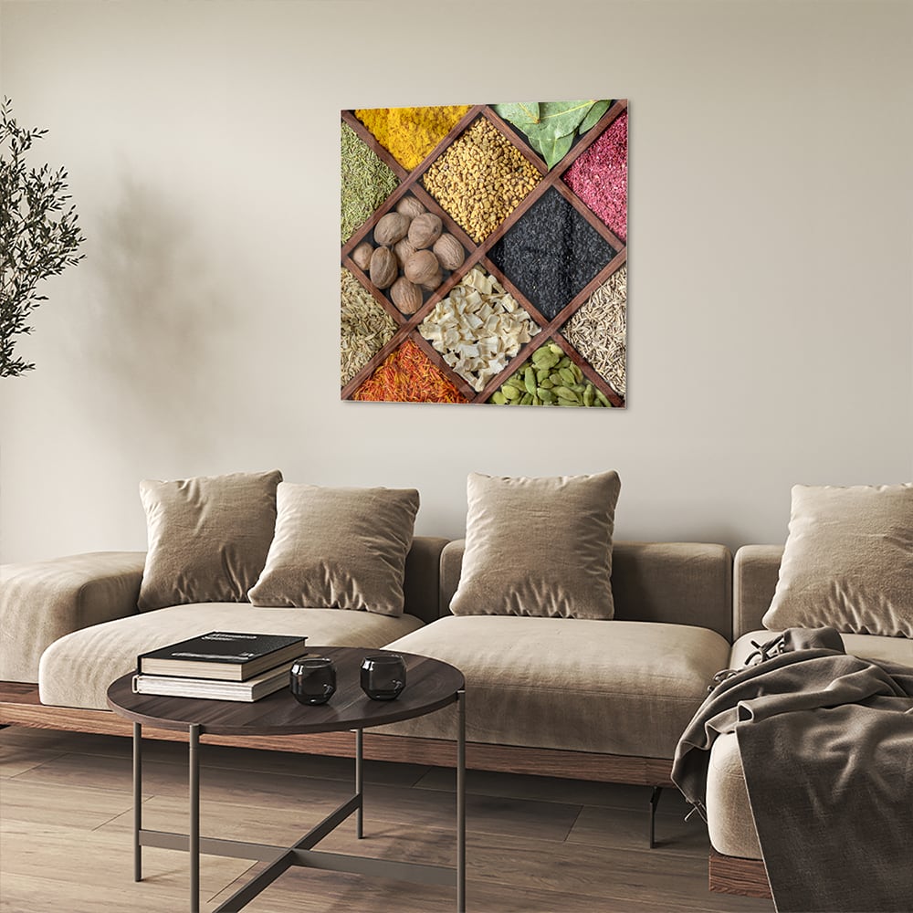 Farbenfrohes Glasbild mit Gewürzen – Glasbild aus Sicherheitsglas, Größe 90x90_rond