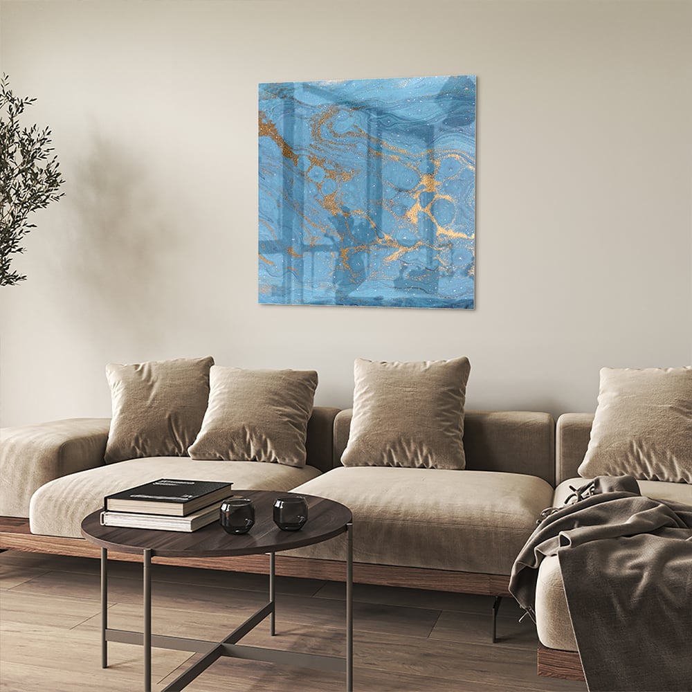 Elegantes Glasbild in blauen und goldenen Farbtönen – Glasbild aus Sicherheitsglas, Größe 90x90_rond