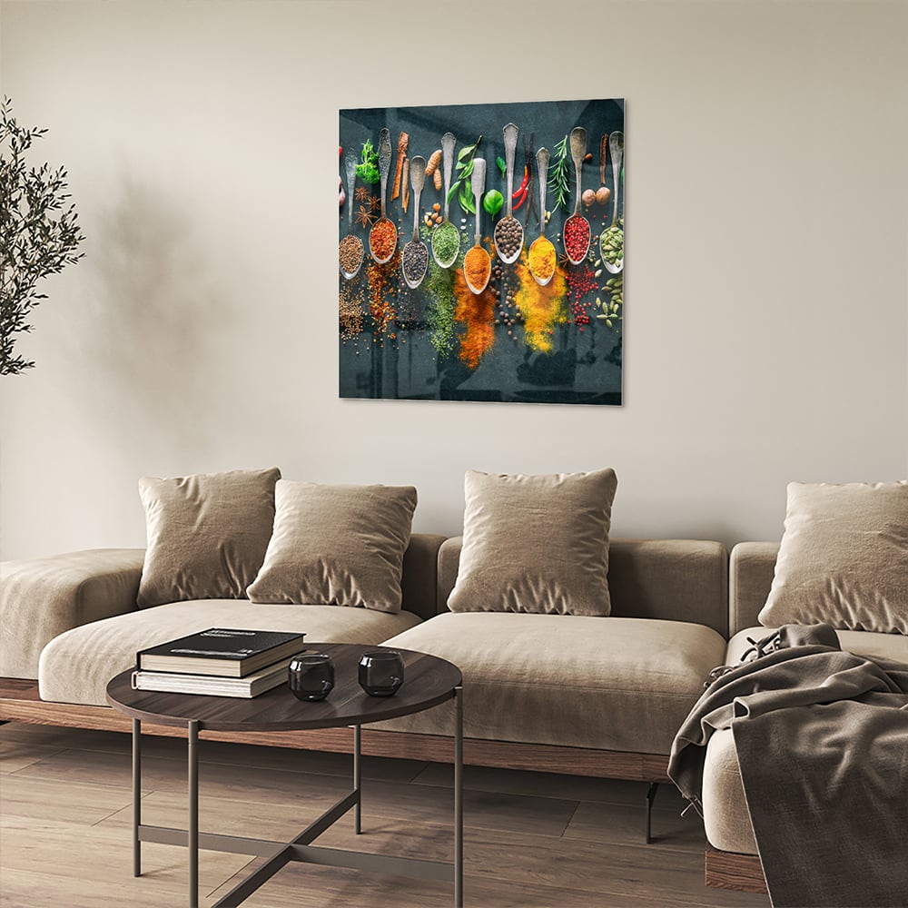 Farbenfrohes Glasbild mit Gewürzen und Kräutern – Glasbild aus Sicherheitsglas, Größe 90x90_rond
