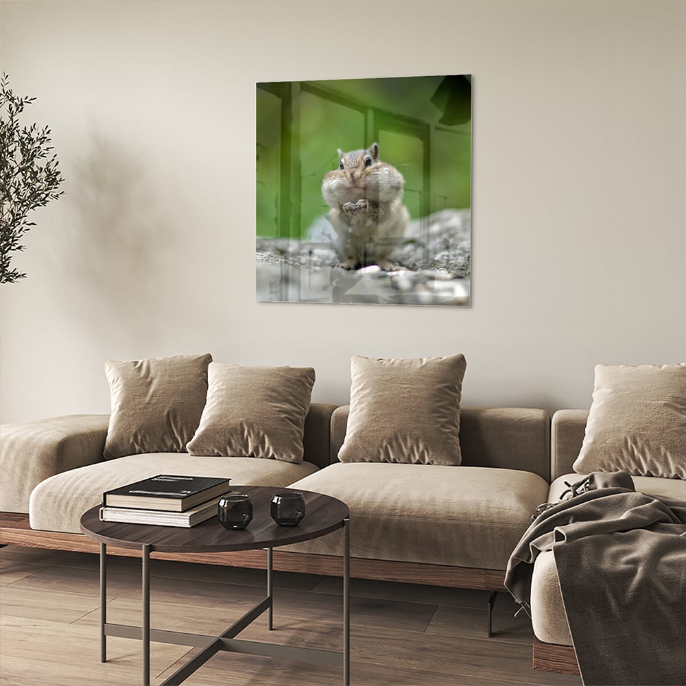 Niedliches Glasbild mit Eichhörnchen – Glasbild aus Sicherheitsglas, Größe 90x90_rond