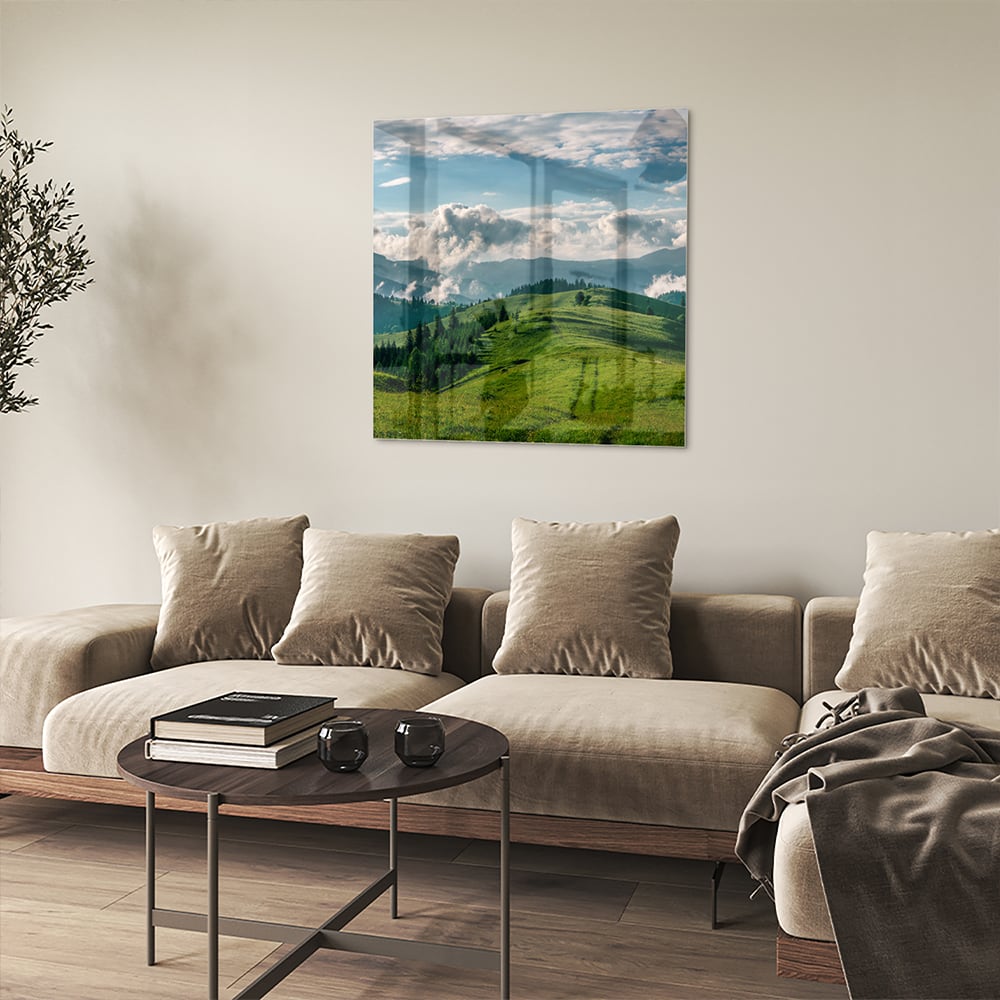 Glasbild mit atemberaubender Berglandschaft – Glasbild aus Sicherheitsglas, Größe 90x90_rond