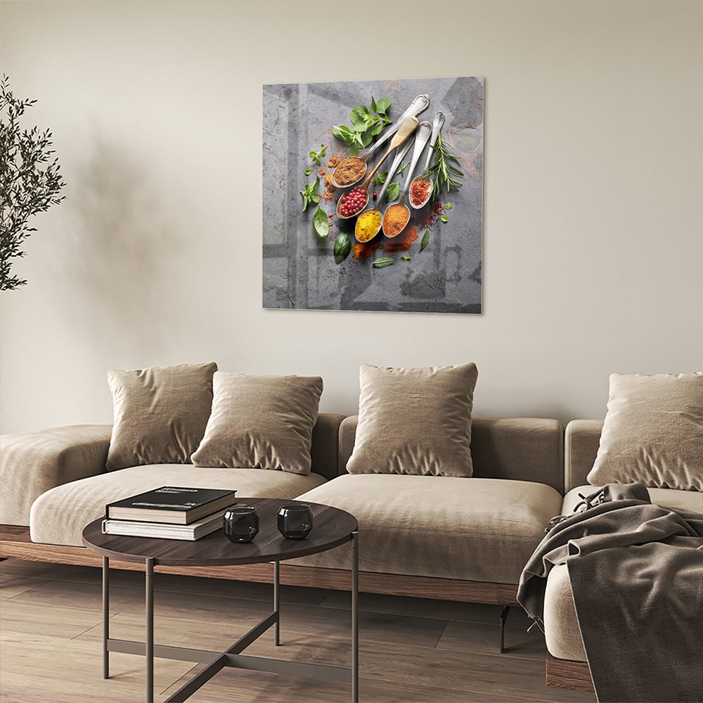 Glasbild mit Kräutern und Gewürzen – Glasbild aus Sicherheitsglas, Größe 90x90_rond