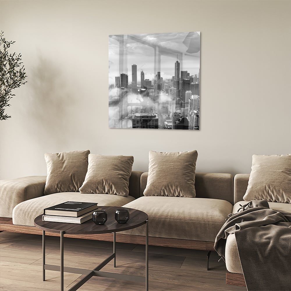 Schwarz-Weiß-Glasbild mit Stadtmotiv – Glasbild aus Sicherheitsglas, Größe 90x90_rond