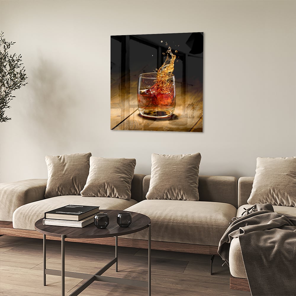 Glasbild mit spritzigem Getränk – Glasbild aus Sicherheitsglas, Größe 90x90_rond