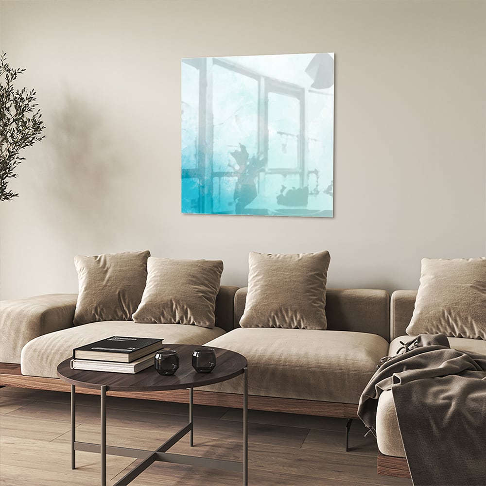 Abstraktes Glasbild in blauen und türkisen Farbtönen – Glasbild aus Sicherheitsglas, Größe 90x90_rond