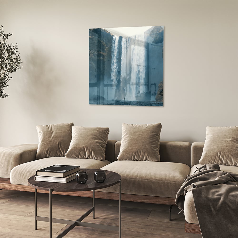 Atemberaubendes Glasbild mit Wasserfall – Glasbild aus Sicherheitsglas, Größe 90x90_rond